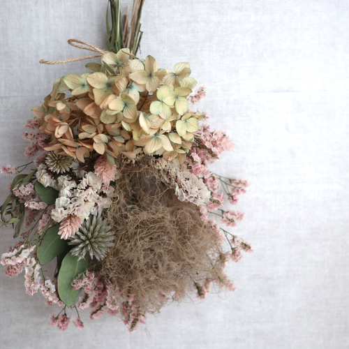 紫陽花とスモークツリーの優しいスワッグ』くすみピンク 紫陽花