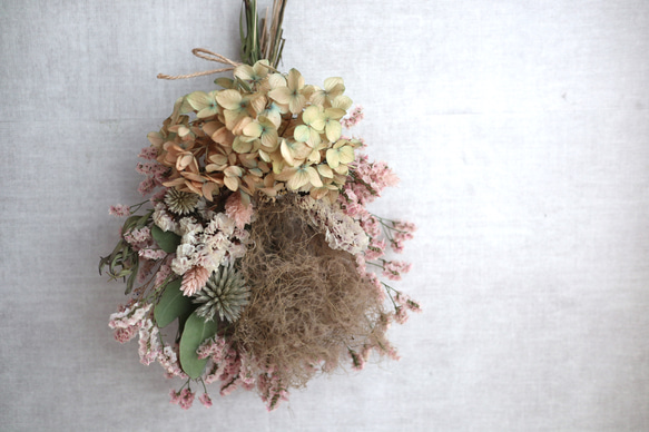 紫陽花とスモークツリーの優しいスワッグ』くすみピンク 紫陽花