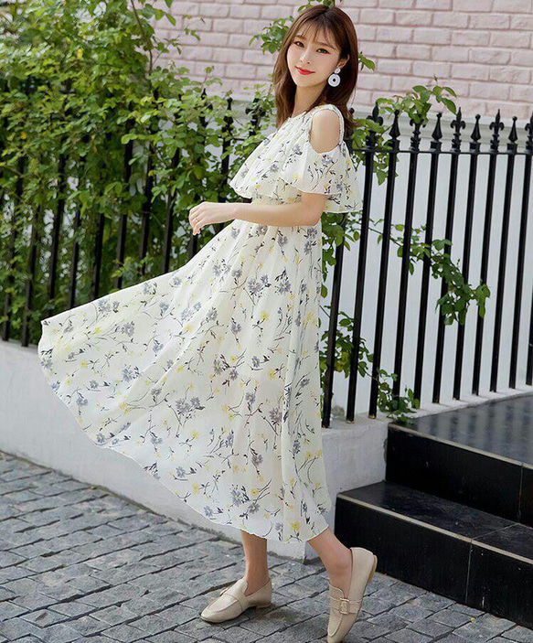 レース ワンピース 花柄 フリル エレガント 可愛い ロング 胸元フリル