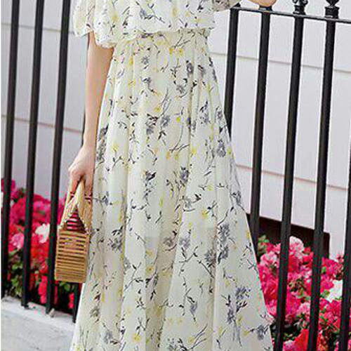 レース ワンピース 花柄 フリル エレガント 可愛い ロング 胸元フリル