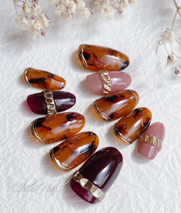 秋ネイル べっこうネイル リングネイル 大人ネイル 上品ネイル 深み