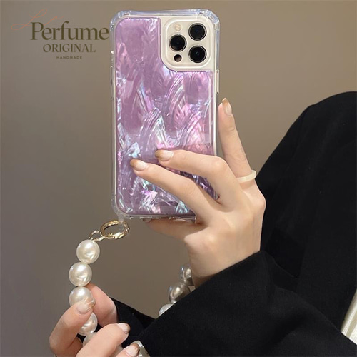キラキラ天然シェル パープルブルー♡二連パールチェーン✨オリジナル iPhone キラキラ天然シェル✨パープル 紫 大粒パールチェーン付き
