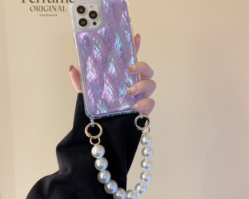 キラキラ天然シェルピンク系カラー✨パールチェーン オリジナル iPhoneケース キラキラ天然シェル✨ ピンクグラデーション パールチェーン付き