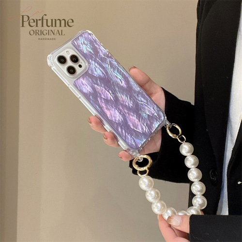 キラキラ天然シェル パープルブルー♡二連パールチェーン✨オリジナル iPhone キラキラ天然シェル✨パープル 紫 大粒パールチェーン付き