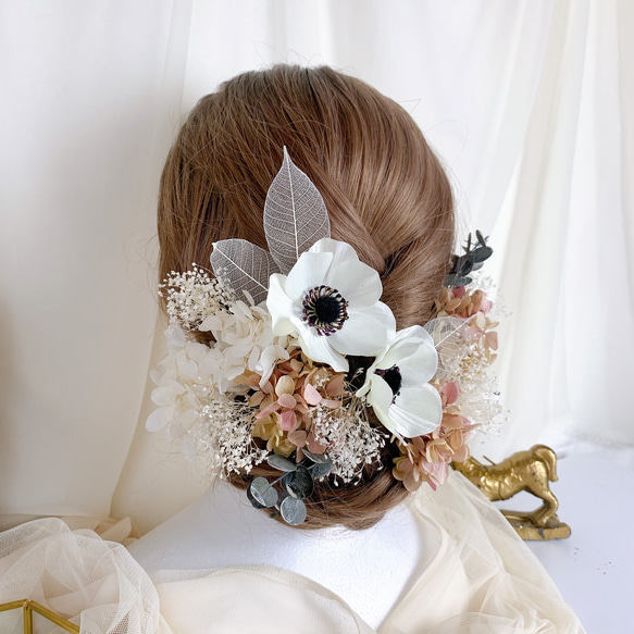 装いの時間 【 pink beige ｱｰﾃｨﾌｨｼｬﾙ ｱﾈﾓﾈ 】 ヘッドドレス アクセサリー 髪飾り  結婚式 3枚目の画像