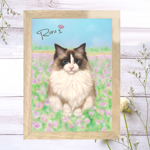 Kページ ペット似顔絵オーダーメイド 花畑アレンジ L版 ペット似顔絵