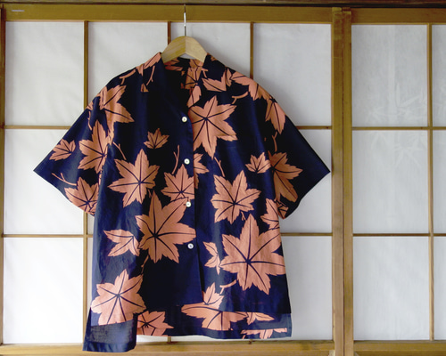 ハンドメイド 開衿シャツ 着物リメイク 古布 着物 アロハシャツ 長袖