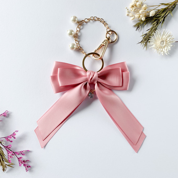 ハートチャームとサテンリボンのバッグチャーム/ピンク/609-3 バッグ