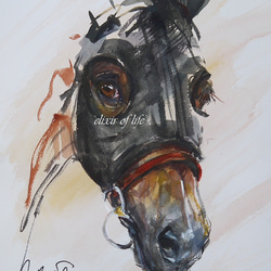 若い競走馬のポートレートⅢ　(水彩画用紙、21cm×２９ｃｍ、Ａ４サイズ、墨、アクリル） 1枚目の画像