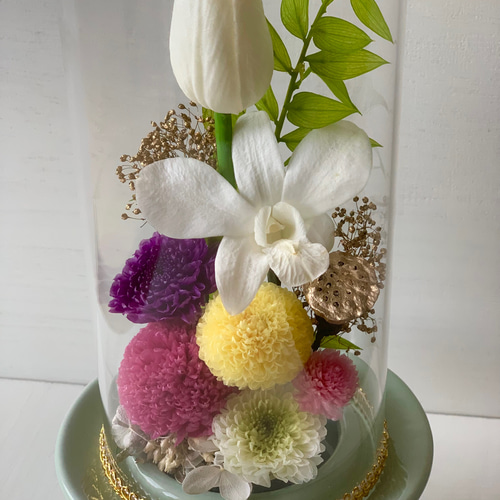 OPPG-001＜仏花＞ガラスドームのお供え用プリザーブドフラワー