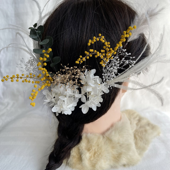 【送料無料】ドライフラワー プリザーブドフラワー  ヘッドドレス　髪飾り　ミモザ 3枚目の画像