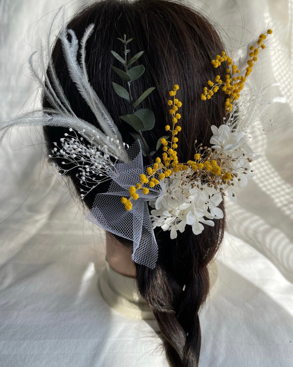 【送料無料】ドライフラワー プリザーブドフラワー  ヘッドドレス　髪飾り　ミモザ 4枚目の画像