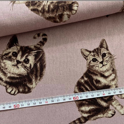 　大きな猫柄 綿麻キャンバス スモークピンクに茶の猫 幅 110cm × 50cm  国産 5枚目の画像