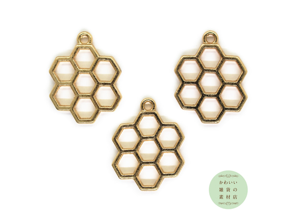 大きめハニカム（蜂の巣）のチャームA（ゴールド/レジン枠/空枠）3個セット #C-0151 1枚目の画像