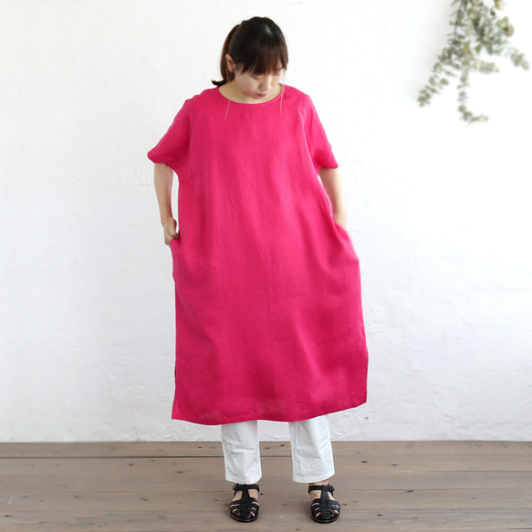 亞麻圓領連衣裙成人寬鬆連衣裙（粉色）OP19 第4張的照片