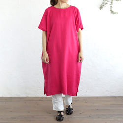 亞麻圓領連衣裙成人寬鬆連衣裙（粉色）OP19 第3張的照片