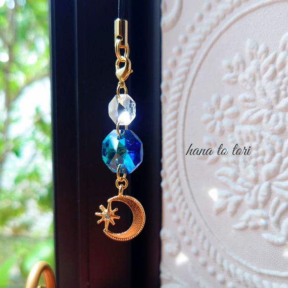 三日月のキラキラ☆ストラップ チャーム 携帯ストラップ 花と鳥サン