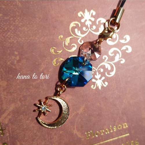 三日月のキラキラ☆ストラップ チャーム 携帯ストラップ 花と鳥サン