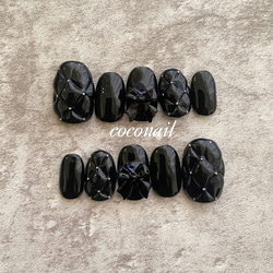 【No.035】ネイルチップ♡黒ネイル♡リボンネイル♡キルティングネイル No.035】ネイルチップ♡黒ネイル♡リボンネイル♡キルティング