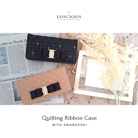 ＼ほぼ全機種対応／キルティング ビッグリボン の 高級24金スワロフスキーデコレーション 手帳型スマホケース　ベージュ 8枚目の画像
