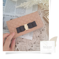 ＼ほぼ全機種対応／キルティング ビッグリボン の 高級24金スワロフスキーデコレーション 手帳型スマホケース　ベージュ 3枚目の画像