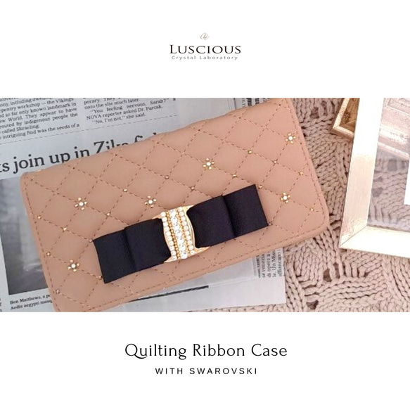 ＼ほぼ全機種対応／キルティング ビッグリボン の 高級24金スワロフスキーデコレーション 手帳型スマホケース　ベージュ 6枚目の画像