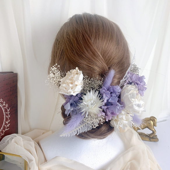 (再販×3)【 white × purple ﾋﾟｵﾆｰ 】 ヘッドドレス アクセサリー 髪飾り 結婚式 成人式 BOX 4枚目の画像