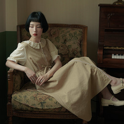 カーキ文学レトロな蓮の葉の襟のステッチ ドレス日本の A ラインのゆるいプロファイル ランタン スリーブ ティー ブレーク スカ 12枚目の画像