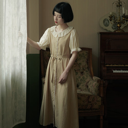 卡其色 文藝複古荷葉邊領拼接洋裝 日系A字寬松廓形燈籠袖茶歇裙 第18張的照片