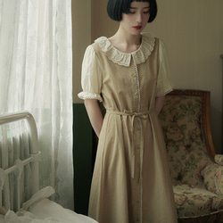 カーキ文学レトロな蓮の葉の襟のステッチ ドレス日本の A ラインのゆるいプロファイル ランタン スリーブ ティー ブレーク スカ 19枚目の画像