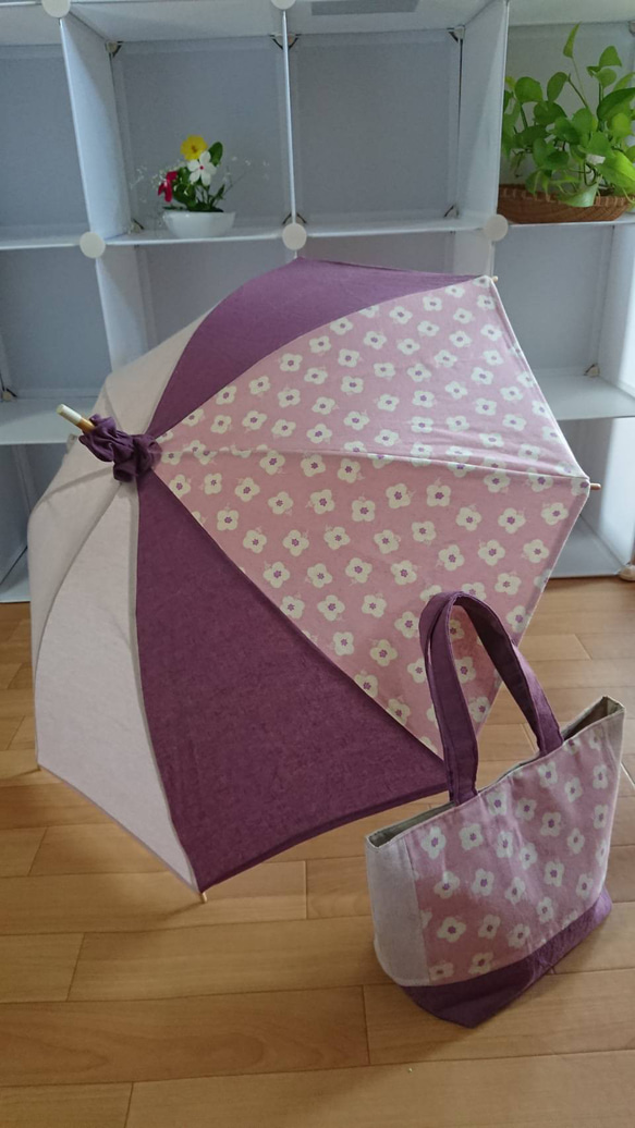 手作り日傘とバッグのセット！   涼しいコットン素材。和服にも。 2枚目の画像