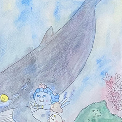 A5イラスト「海のおともだち」ザトウクジラ　海の絵　サンゴ　海の中　仏 2枚目の画像