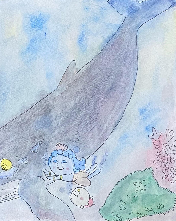 A5イラスト「海のおともだち」ザトウクジラ　海の絵　サンゴ　海の中　仏 2枚目の画像