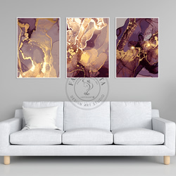 現代抽象繪畫紫色和金色/室內海報外國藝術 3 件套 / 4245 第1張的照片