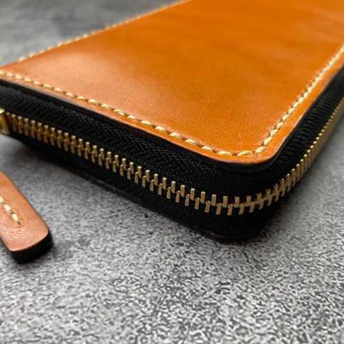 手縫】ラウンドジップキャメル色本革長財布