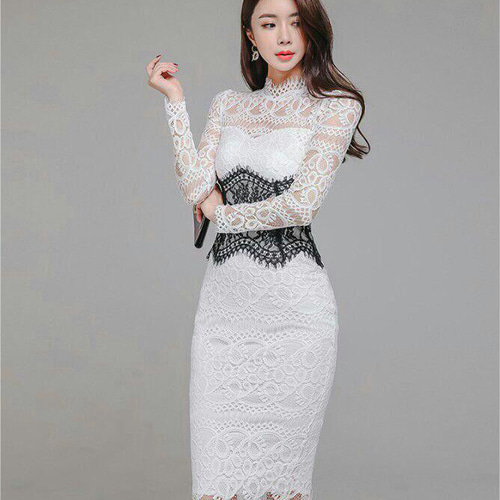 レース タイト ドレス 長袖 フォーマル ワンピース 膝丈 セクシー