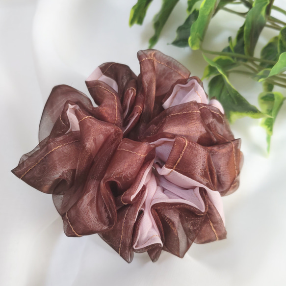 オ－ガンジー×シフォンジョーゼットのシュシュ ＊茶色×ピンク