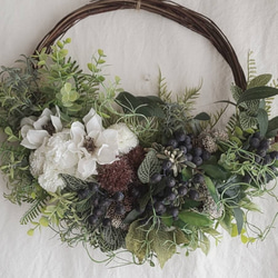 *wedding  wreath＊ブルーベリー&グリーン  フェイクリース 4枚目の画像