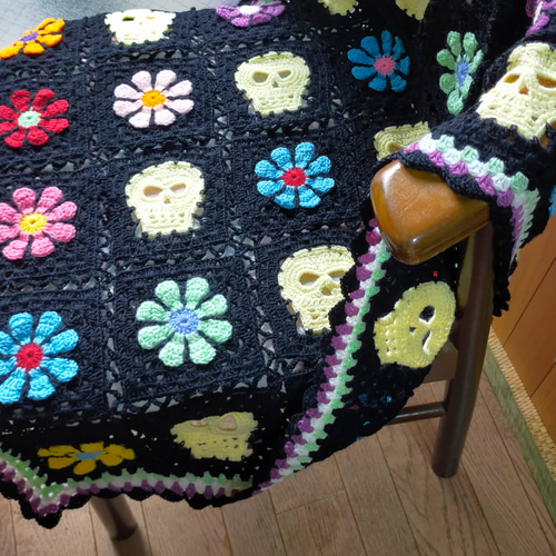 送料無料】 スカル ブランケット マルチカバー グラニースクエア かぎ