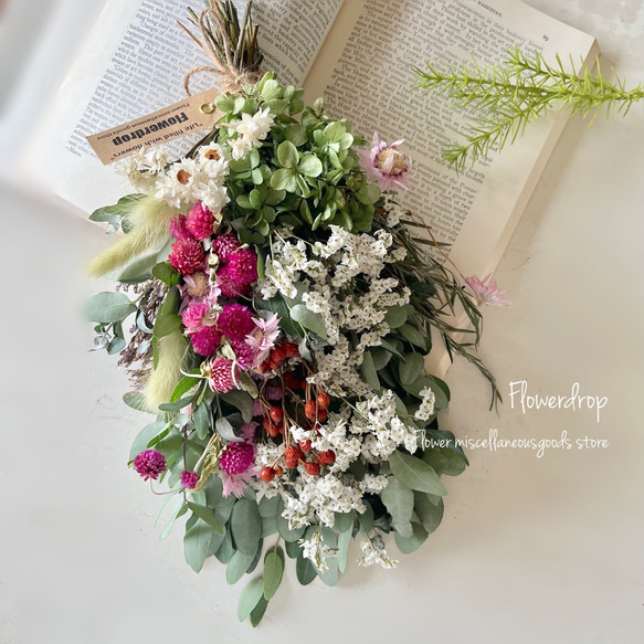 ヒライラ様　ご依頼分　ミモザとスプレーバラのスワッグ 薔薇とコスモスのドライフラワー風スワッグ｜Shino_Rosa
