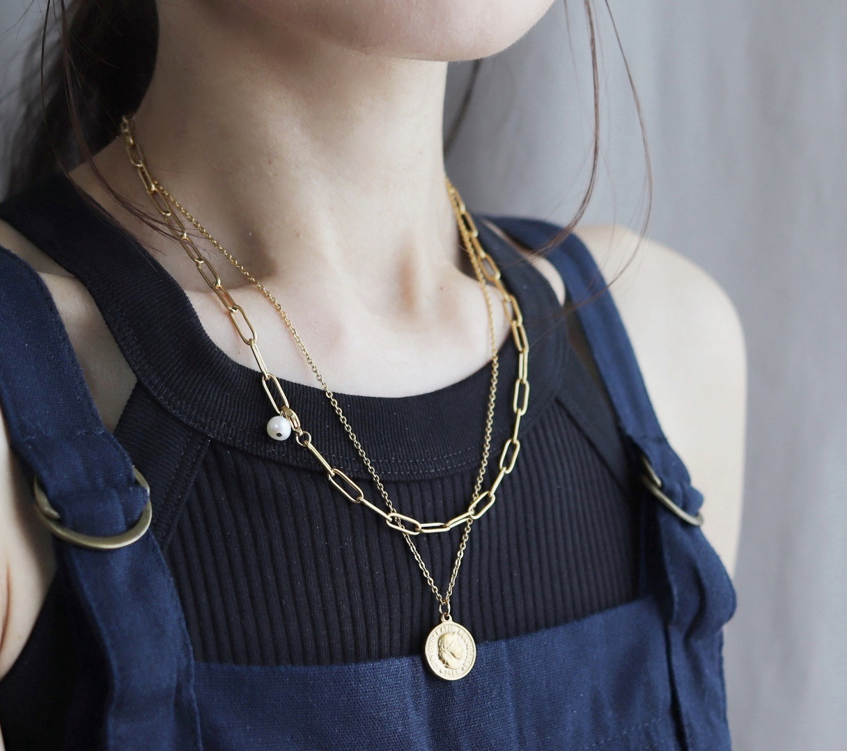 サージカルステンレス  コインチャームとデザインチェーンネックレスのセット