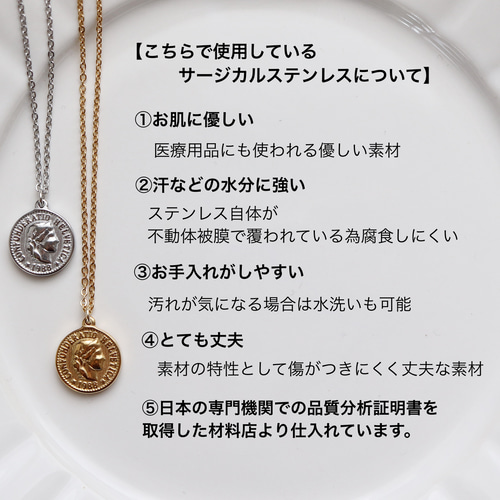 サージカルステンレス コインチャームとデザインチェーンネックレスの