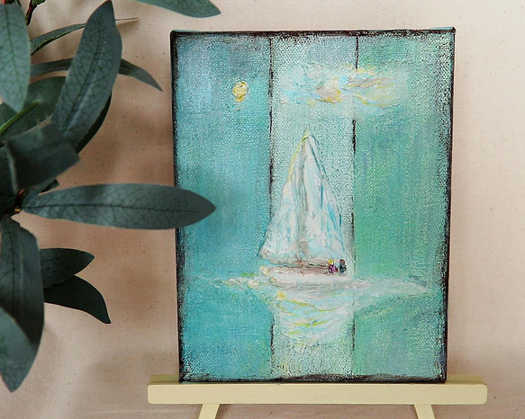 売り切れ▶｢ヨットと月｣ アクリル画　キャンバス　原画　F０号　ロマンチック 3枚目の画像