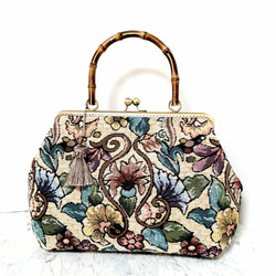 オリエンタルフラワーのバンブーハンドルがま口バッグ(ゴブラン織  