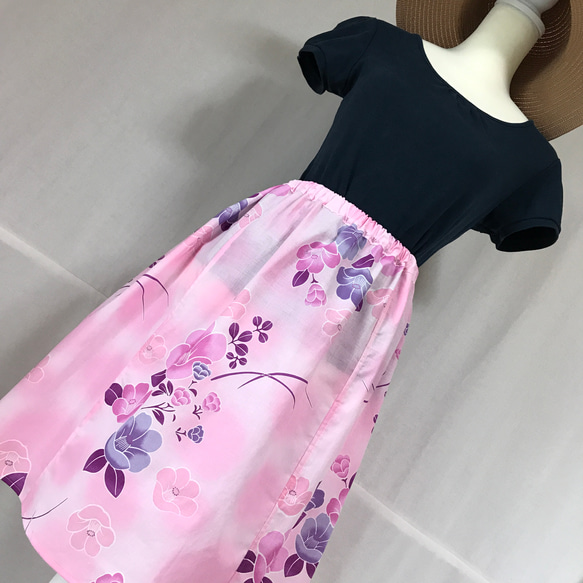 浴衣リメイク 膝下丈フレアスカート　【ピンク】［037］ 1枚目の画像