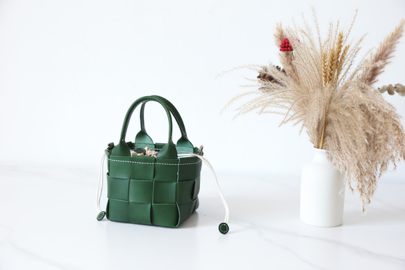 帆布 x 皮革拼接真皮編織手提包單肩托特包抽繩包單肩包 第18張的照片