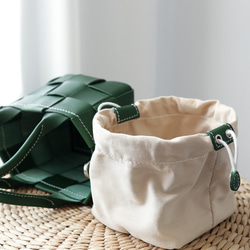 帆布 x 皮革拼接真皮編織手提包單肩托特包抽繩包單肩包 第11張的照片