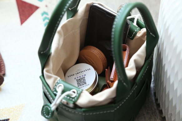 帆布 x 皮革拼接真皮編織手提包單肩托特包抽繩包單肩包 第12張的照片