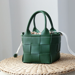 帆布 x 皮革拼接真皮編織手提包單肩托特包抽繩包單肩包 第5張的照片