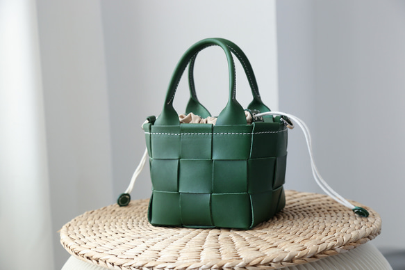 帆布 x 皮革拼接真皮編織手提包單肩托特包抽繩包單肩包 第5張的照片